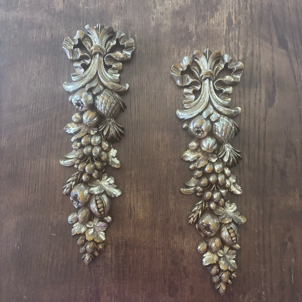 2 Vintage Hollywood Regency Gilded Wall Decor Plaque Syroco Wood Fruits 50's MCM